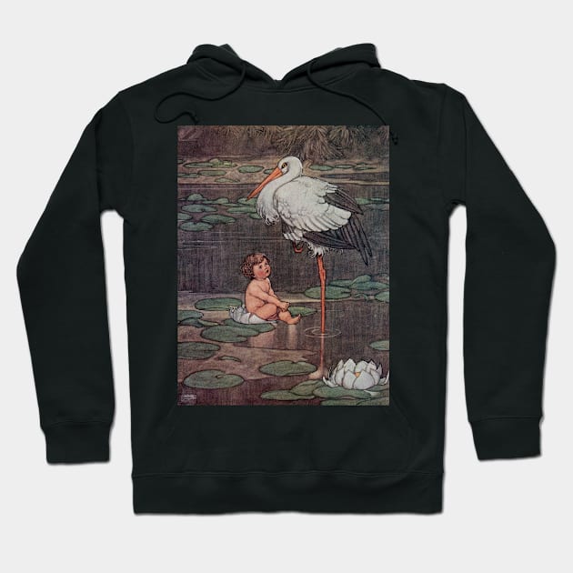 Baby and Stork Vintage Fairy Tale Illustration Hoodie by softbluehum